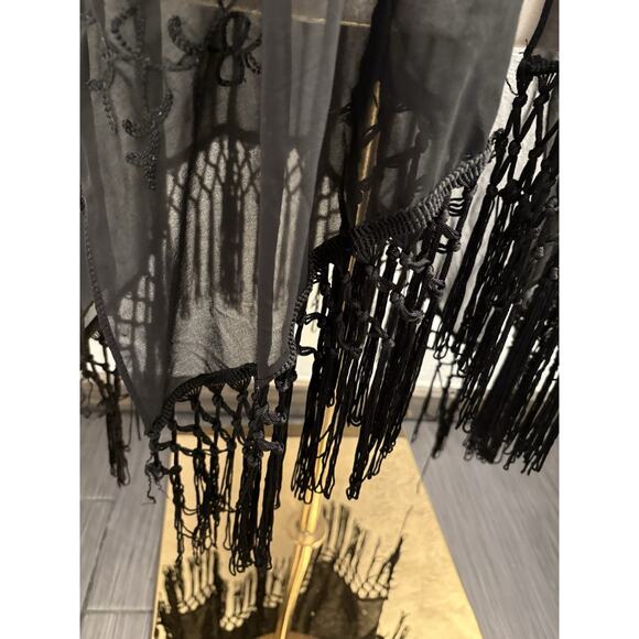 Womens Black Sheer Kimono Style Embroidered Cardigan Witchy Whimsigoth Fringe XL - Picture 2 of 7